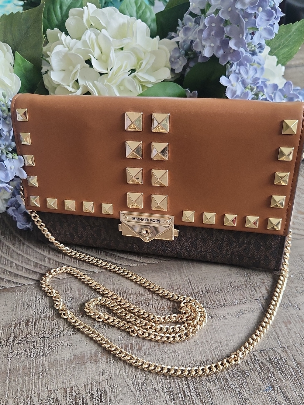 Michael Kors Brown Tan Logo Studded Chain Shoulder Bag
